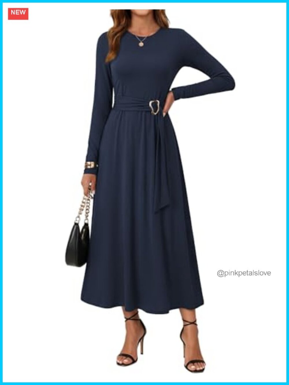 Women's Long Sleeve A-Line Belted Midi Dress with Pockets